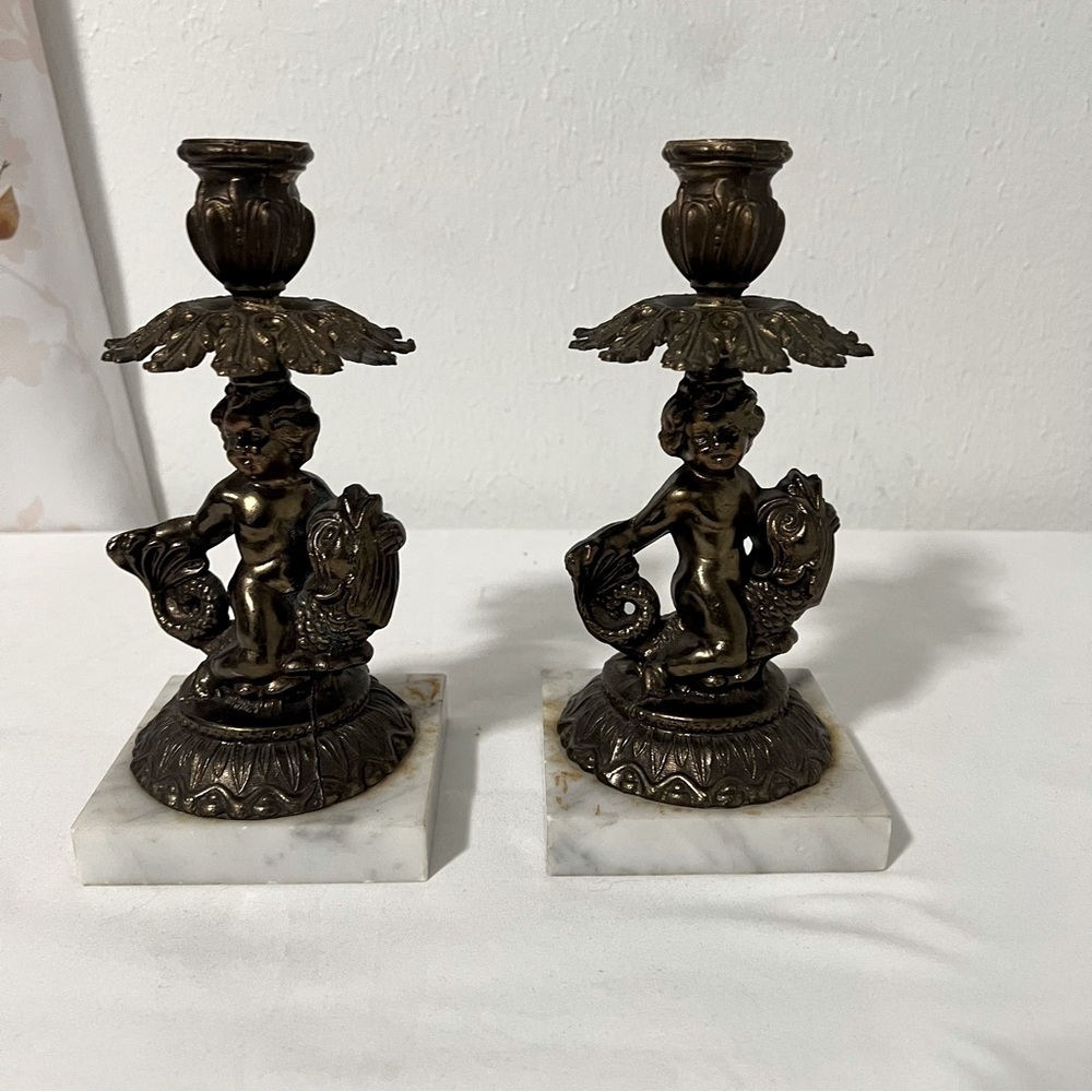 Pair Of Vtg Brass Candle Holders Cherub & Fish On Marble Base  Beautiful Decor